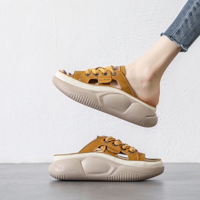 Thick-Soled Half-Slippers~丨Ongysl丨Women's Summer Outdoor Wear 2026 Fashionable One-Strap Beach Shoes Genuine Leather Open-Toe Sandals