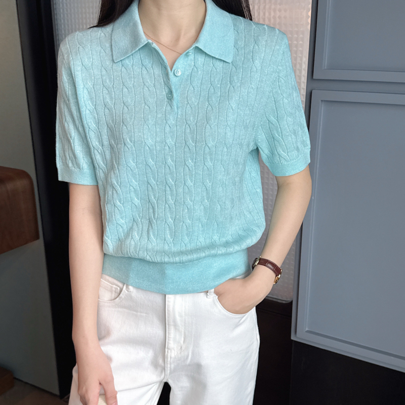 Twist-Pattern Enthusiast 16-Gauge High-Density Fine Needle Texture Yangzi Yarn Wool Linen Polo Collar Knit Sweater Old Money Style