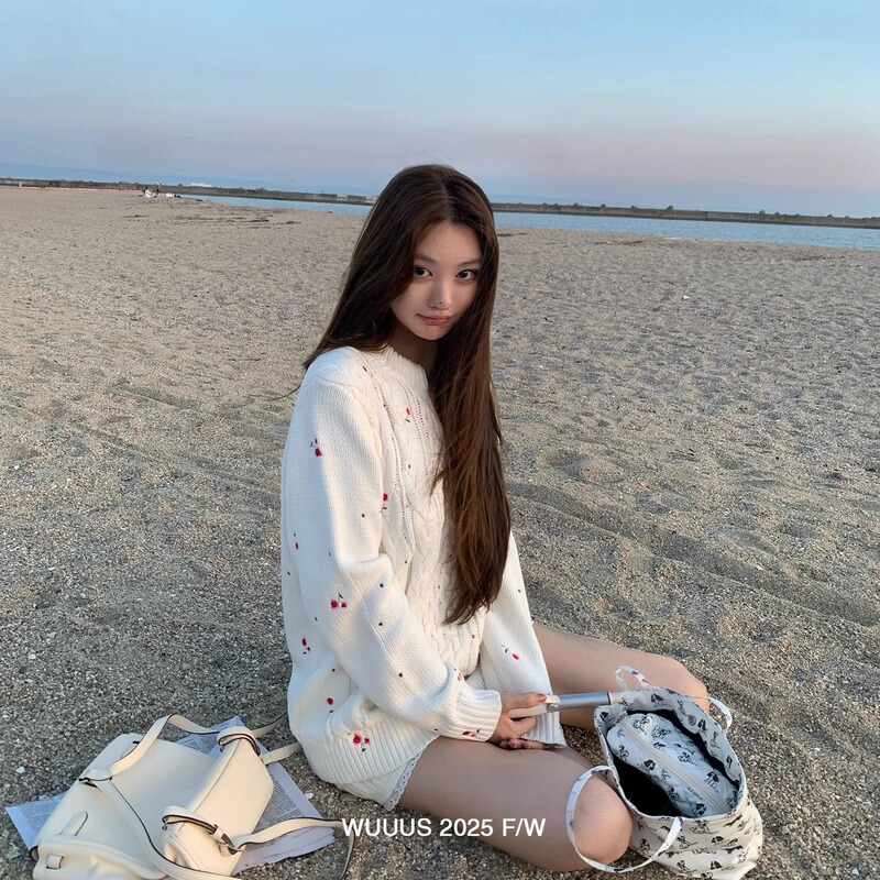 Wuuus【Coco】White Floral Embroidered Cable Knit Sweater for Women, Loose V-Neck Knit Top Wuuus【Coco】White Floral Embroidered Cable Knit Sweater for Women, Loose V-Neck Knit Top