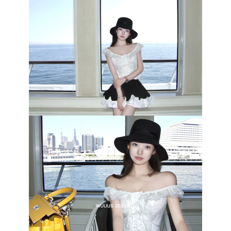 Wuuus 【Swan Dream】 Tube Top + Tutu Skirt Vintage Fishbone Lace-Up Top Lace Corset