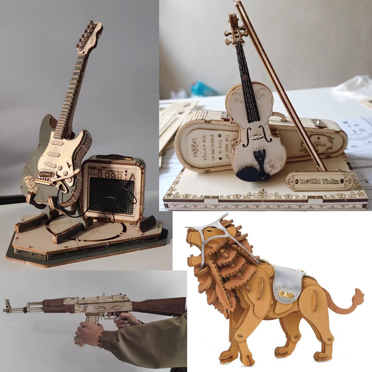 If Come Wooden 3diy Assembly Building Model Solid Jigsaw Violin Toy Combat Lion Tabletop Pendulum electric guitar-Taobao