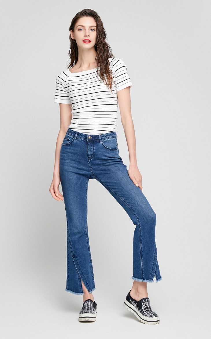[3 miễn phí 1] Vero Moda sọc vuông cổ áo len ngắn tay co giãn | 317345501 áo len