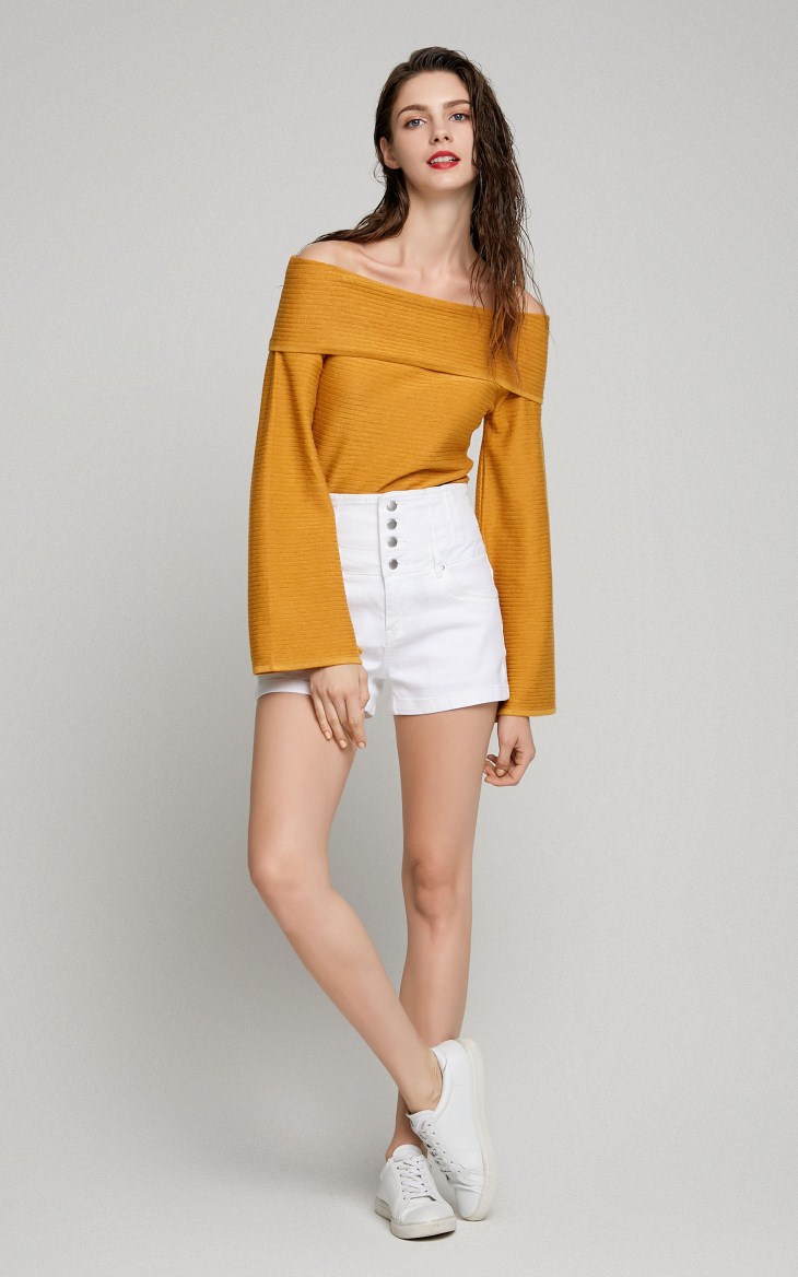 [3 miễn phí 1] Vero Moda từ cổ áo tay áo kèn sọc ngang | 317324537 áo len nữ công sở