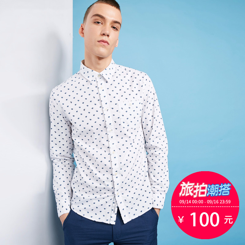 JackJones杰克琼斯纯棉男装秋季修身提花尖领长袖衬衫0|216105007