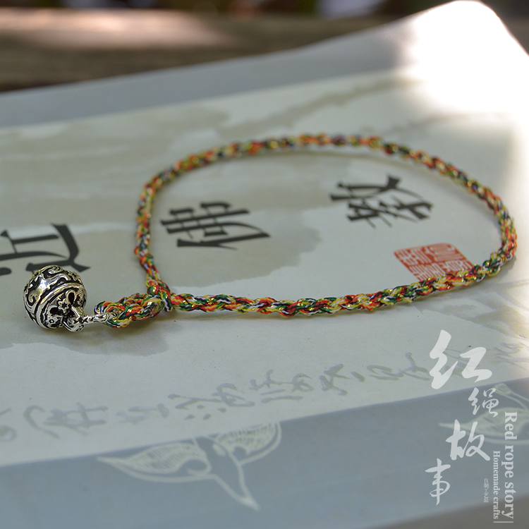 Vintage dân tộc gió tay dệt dây đỏ vòng chân có âm thanh chuông bạc sterling bạc nữ cổ chuông gió nam chân dây - Vòng chân vòng đeo chân nữ bằng vàng