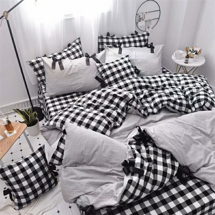 Mùa xuân bông sợi, nhuộm denim nơ phong cách dễ thương rắn màu kẻ sọc giường váy phần lanh Hàn Quốc bông rửa - Bộ đồ giường bốn mảnh chăn ga gối đệm màu hồng