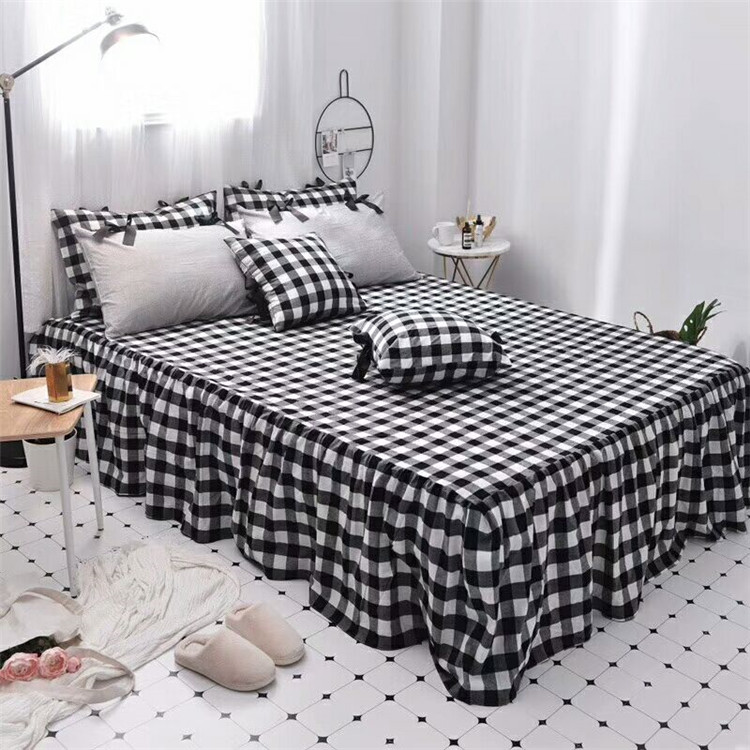 Mùa xuân bông sợi, nhuộm denim nơ phong cách dễ thương rắn màu kẻ sọc giường váy phần lanh Hàn Quốc bông rửa - Bộ đồ giường bốn mảnh chăn ga gối đệm màu hồng