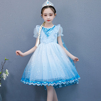 Childrens clothing girl Aisha Princess skirt new blue short sleeve Frozen 2021 foreign style children Aisha summer