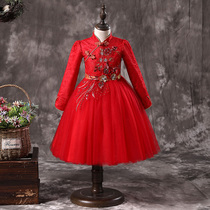 Princess dress girl puffy gauze Red childrens dress Chinese style high-end plus velvet flower girl New year costume autumn and winter
