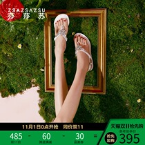 Shasasu summer new clip toe flat outside wear fashion sandals female Joker rhinestone fairy wind ins tide