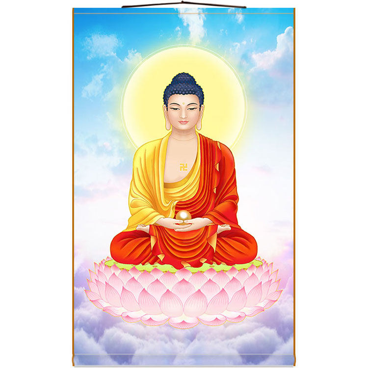 High definition Sakyamuni Buddha portrait Trilateral Buddha Full Screen Buddha painting Buddha painting Buddhist shrine scroll hanging and painting silk cloth