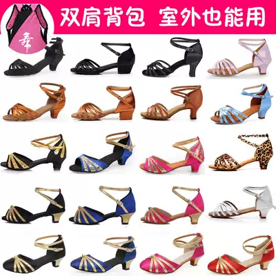 Sandals Girls small high-heeled Latin dance shoes Adult soft-soled children's girls middle-heeled dance shoes practice beginner black