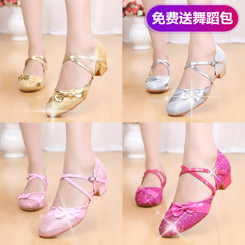 Spring and Autumn Children Princess Performance Girls Latin Dance Shoes Children Dance Shoes Girls Practice Soft Soles High Heels Beginners