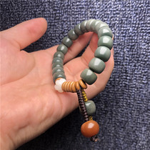 Natural green Bodhi root hand string Yin leather green bucket beads play with text play Buddha beads rosary beads plate play handpieces for men and women