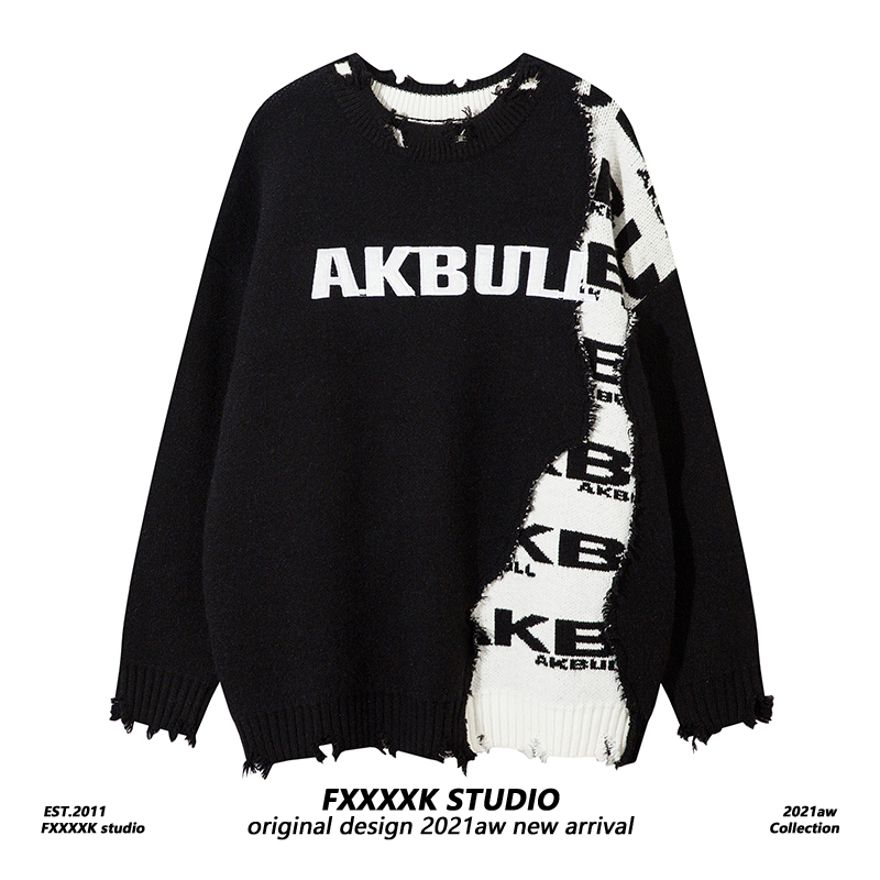 Fxk Original American Retro Trendy Brand Distressed Design Couple Casual Knitwear Round Neck Loose Unisex Sweater