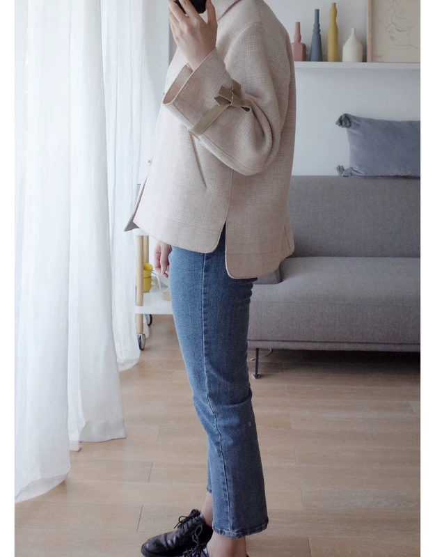 Tuyên truyền mùa thu và mùa đông Hàn Quốc retro cổ áo len len áo khoác ngắn hai mặt cashmere kẻ sọc áo khoác len - Accentuated eo áo