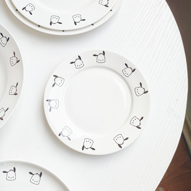 Cartoon Simple Black Line Pacha Dog Household Ceramic Tableware Set Soup Noodle Bowl Fish Plate Round Deep Plate Flat Plate Soup Plate
