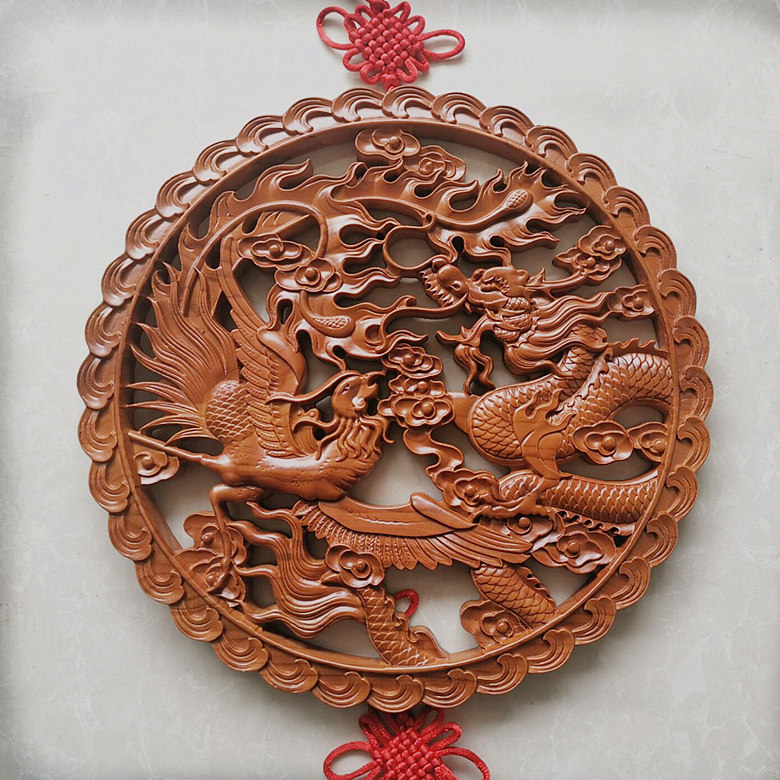 Peach wood dragon and phoenix mirror Dragon and Phoenix auspicious harmony and gossip mirror protection marriage chop third party pendant ornaments