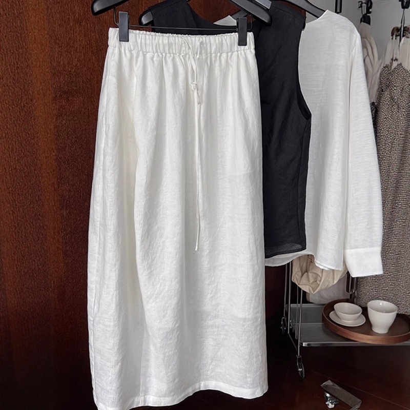 White Linen Cotton Blend Midi Skirt for Women, Summer Thin A-Line Long Drapey High-Waisted Straight Drawstring Ramie Long Skirt