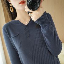 100% Cotton Womens V-neck base shirt Loose Long Sleeve T-shirt Knitted Sweater Jumper Casual Sweater 2021