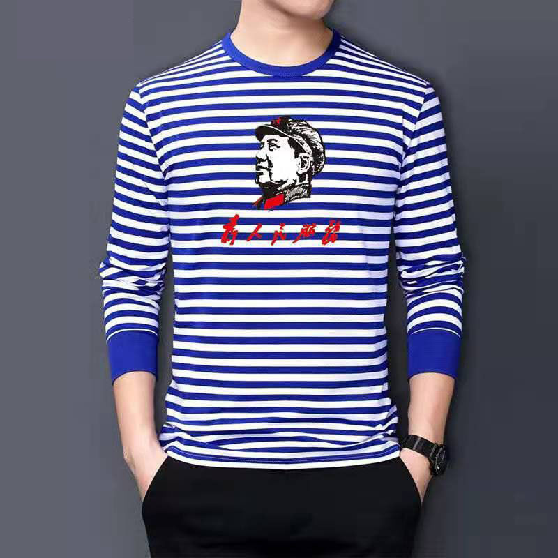 Spring and Autumn Sailor Shirt Long-Sleeve T-Shirt Pure Cotton Blue and White Striped T-Shirt Unisex Couple Outfit Printed Class Uniform Work Uniform Party Outfit