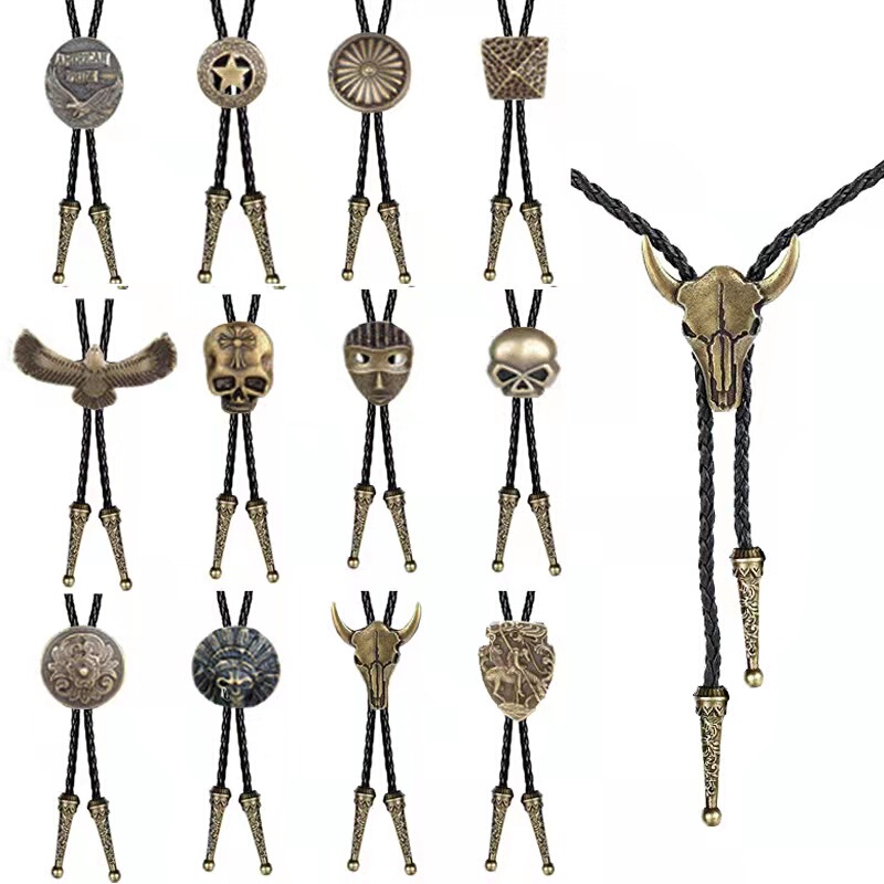 Western New Adjustable Bull Head Retro Shirt Chain Solid Bolo Collar Rope Leather Necklace Bolo Tie