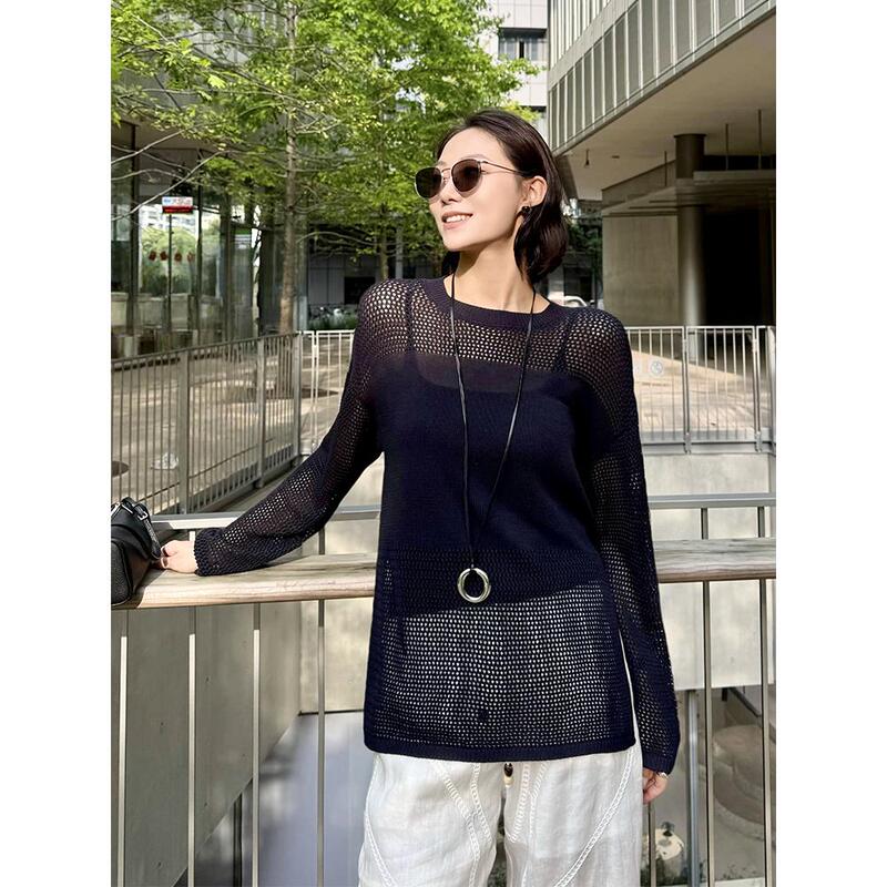 Zhou Zhou [Simpleism] 2026 Spring Stylish Hollow-Out Long-Sleeve T-Shirt for Women, Design-Conscious Pullover Loose Top