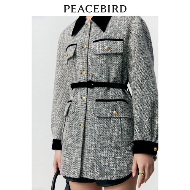 Peacebird ຂະຫນາດນ້ອຍນ້ໍາຫອມແບບ Waist Hepburn Style Coat ແມ່ຍິງ 2023 ລະດູຫນາວແບບໃຫມ່ A1AAD4152