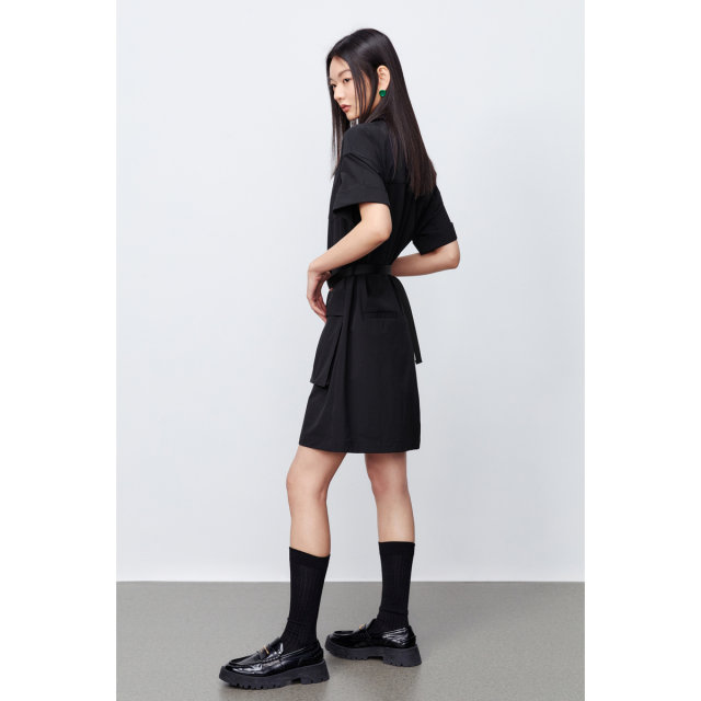 PEACEBIRD 2024 Spring New Workwear Style Belt Dress Two-Wear Skirt Loose Pocket Shirt Dress