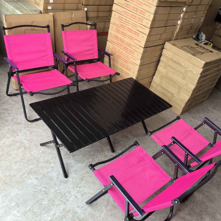 Outdoor Foldable Egg Roll Table Black with Rose Red Chair Set Barbie Pink Internet-Famous Store Style Camping Table and Chairs