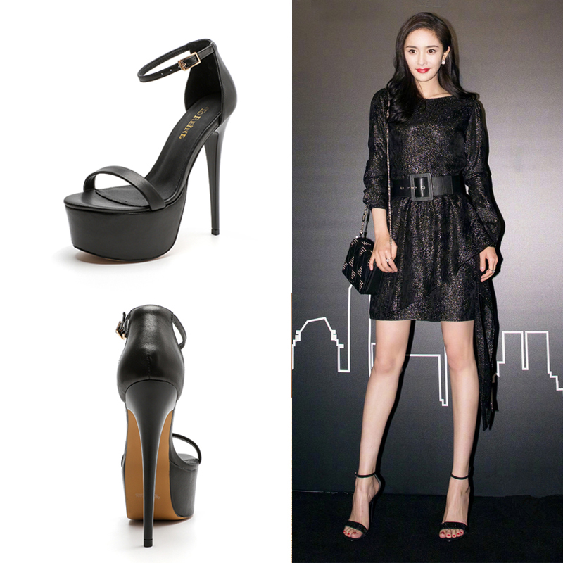 Summer Ultra-High Heel Sandals for Women with Ankle Strap, Stiletto Heel, Waterproof Platform, Black Runway High Heels, 15cm Sky-High Summer Ultra-High Heel Sandals for Women with Ankle Strap, Stiletto Heel, Waterproof Platform, Black Runway High Heels, 15cm Sky-High