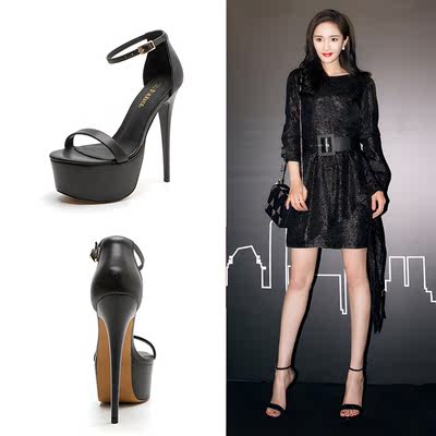 Summer high-heeled sandals for women, one-shoulder buckle, thin heels, waterproof platform, black catwalk high heels, 15cm tall, extremely high