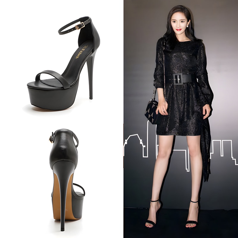 Summer Ultra-High Heel Sandals for Women with Ankle Strap, Stiletto Heel, Waterproof Platform, Black Runway High Heels, 15cm Sky-High