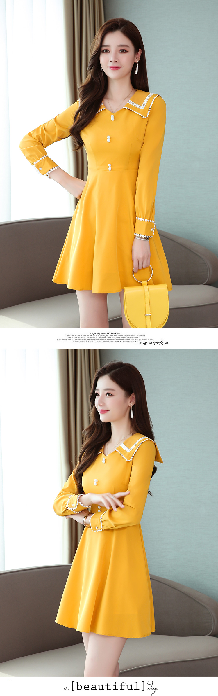 VK旗艦店 韓國風大翻領氣質修身顯瘦長袖洋裝