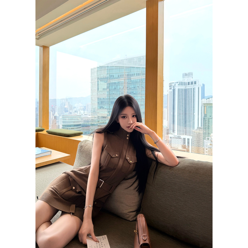 Jayky Yang【Bach Old Chapter】Stand-Up Collar Workwear Waist-Cinching Vest Dress Sleeveless Metal Buckle Design Dress Jayky Yang【Bach Old Chapter】Stand-Up Collar Workwear Waist-Cinching Vest Dress Sleeveless Metal Buckle Design Dress