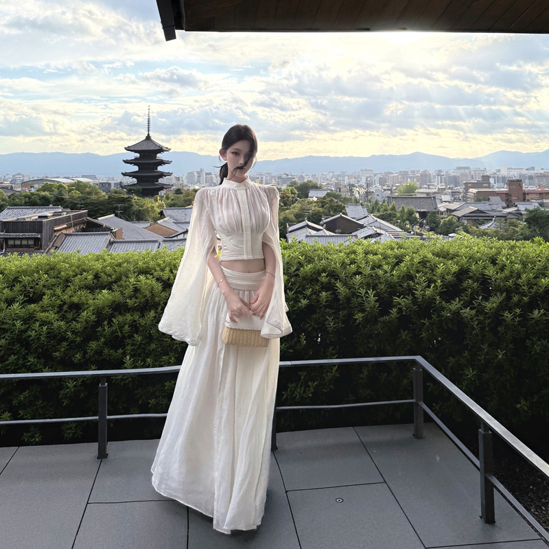 Jayky Yang【Angelina】Tencel Linen Large-Sleeve White Shirt Slim-Fit Patchwork Skirt Suit Jayky Yang【Angelina】Tencel Linen Large-Sleeve White Shirt Slim-Fit Patchwork Skirt Suit