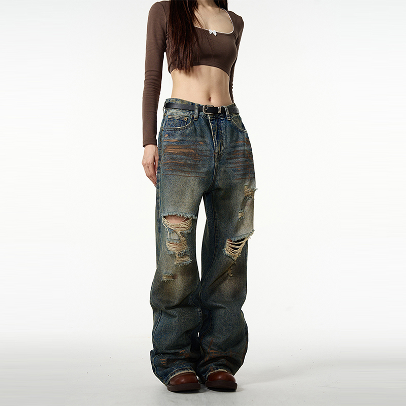 Tailang's Shop American High Street Vintage Ripped Jeans Men's Trendy Brand Cool Street Style Straight Loose Pants Couple