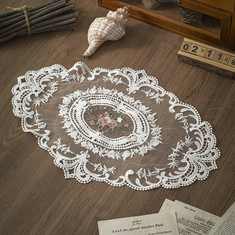 ins wind fasciate lace embroidered meal cushion table buo-style embroidered cup cushion swing pat prop retro decoration leaning against a pillow towel