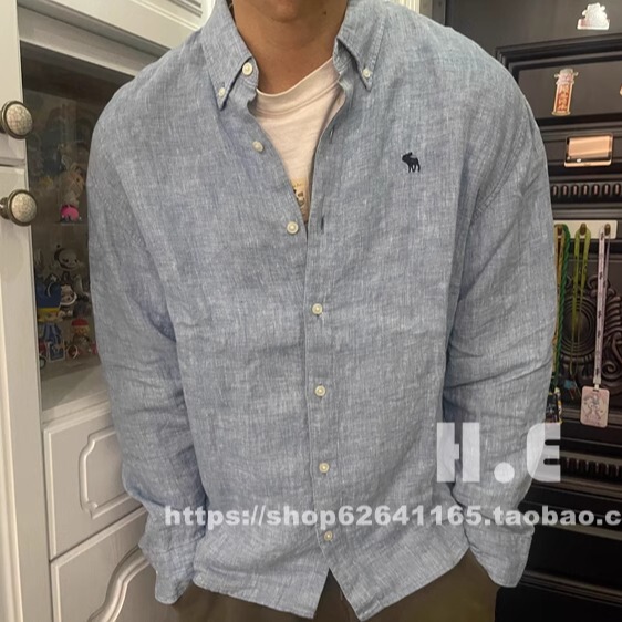 American Abercrombie Fitch Men's Af25 Spring and Summer Casual Thin Long-Sleeved Linen Shirt