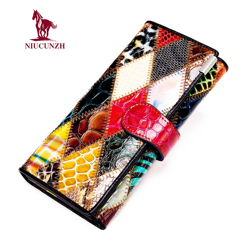 Women's Hand-Held Wallet, First-Layer Cowhide, Long Style, Colorful Patchwork Coin Purse, Women's Zipper Phone Bag, Genuine Leather Wallet
