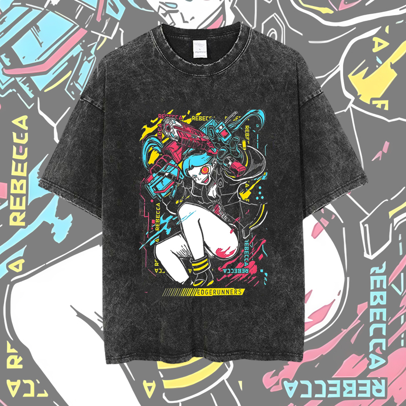 Cyberpunk Edgerunner Runner Rebecca Casual Retro Pure Cotton Washed Vintage Short-Sleeve T-Shirt Anime Summer Cyberpunk Edgerunner Runner Rebecca Casual Retro Pure Cotton Washed Vintage Short-Sleeve T-Shirt Anime Summer