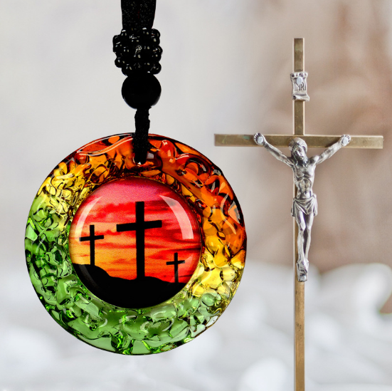 Glass Cross Pendant Pendant Necklace 35cm Brown Rope