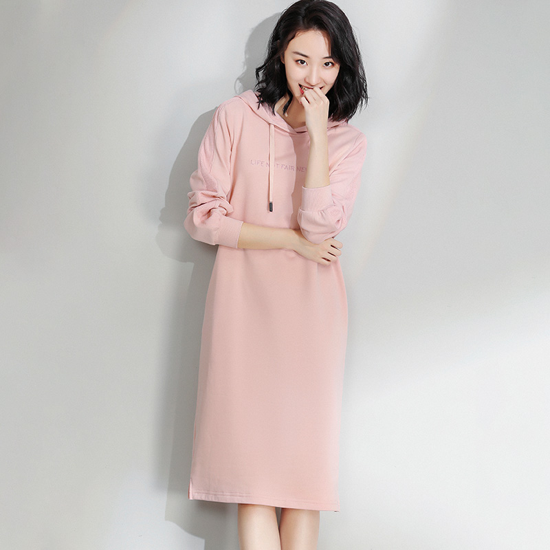 Free-to-suck Korean version Long sleeves thick cotton T women 2021 Spring new fashion loot Long version with cap foreign dress