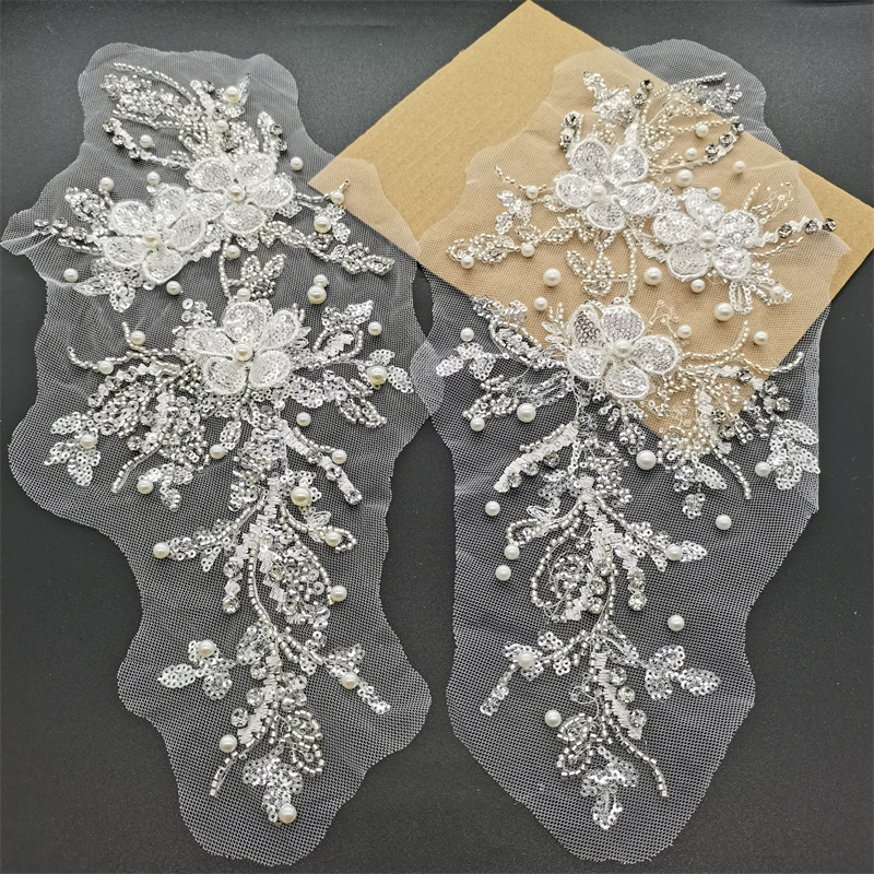 Three-Dimensional Sequin Bead Embroidery Lace Fabric Patch for Evening Dress Front Chest Decoration Stage Dance Costume Accessories
