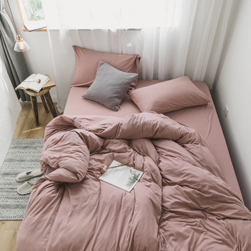 Bộ đồ dệt kim đơn sắc, dệt kim màu đơn giản của Nhật Bản giường 1,8 m set bộ bốn mảnh 1,5M khăn trải giường bằng vải lanh đơn 1,2M - Bộ đồ giường bốn mảnh bộ drap giường