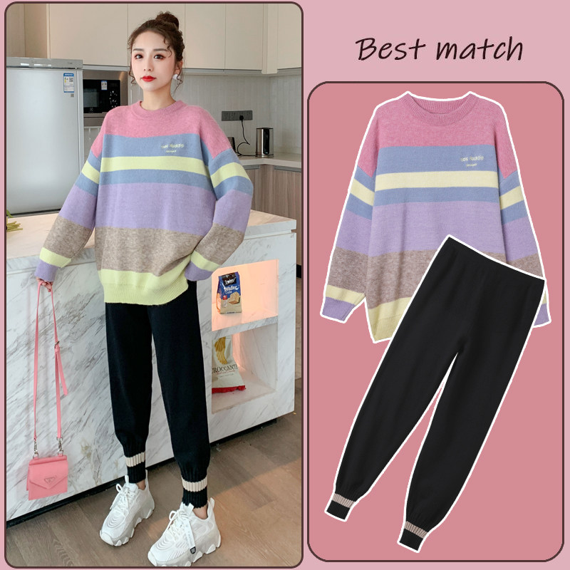 Pregnant woman autumn winter style sweater 2021 fashion models net red suit fall loose blouse striped knit sweaters fat mm