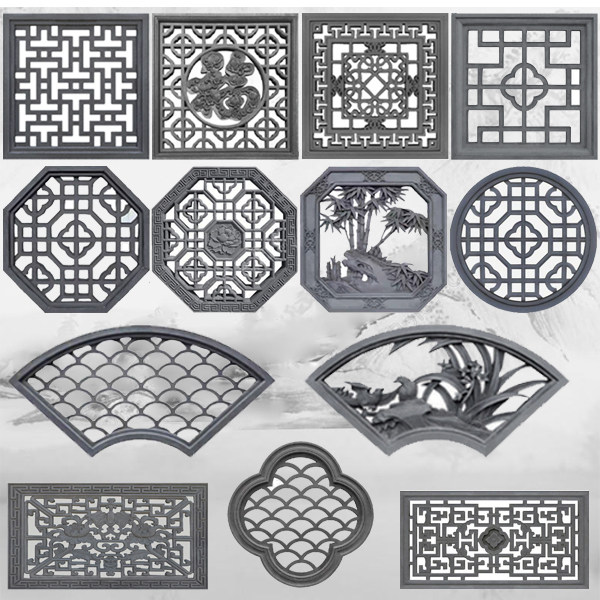 Imitation ancient brick carved hollow flower window sector Meran bamboo chamomile window flower Chinese style courtyard cement window flower walled decoration pendant-Taobao