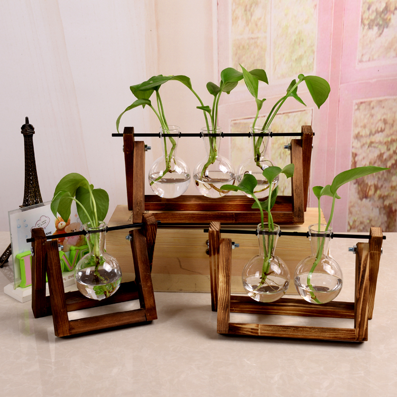 Creative hydroponic plant transparent wood frame vase table small freshener container living-room modern adornment pendulum