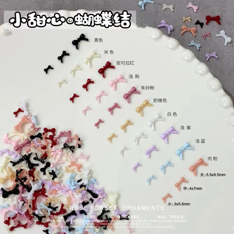 100 Mini Bow-Shaped Nail Art Decorations, Popular in Various Sizes, Sweet Colorful Pink and White Resin Nail Art Rhinestones