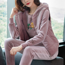 Double-sided gold velvet suit womens winter fashion casual sportswear plus velvet thickened lambskin sweater three-piece tide
